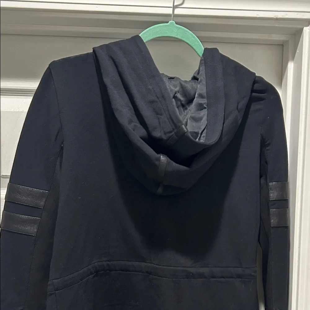 Black Hooded BLANC NOIR Jacket with Leather Accents & Hood **Brand New** - Picture 5 of 6